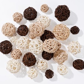 Liobelon 30 Pieces Wicker Rattan Balls, 4 Sizes Decorative Orbs for Vase Bowl Fillers Boho DIY Hanging Wall Decor & Table Centerpieces, Home Wedding Party Decoration (White, Brown, Nature)