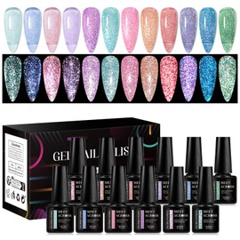 MEET ACROSS Reflective Glitter Gel Nail Polish, Shimmery Gel Polish Set 12 Pcs Sparkly Shiny Gel Soak Off UV LED Nail Art Varnish Manicure Kit DIY at Home