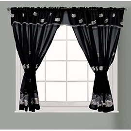 Householdfurnishing Embroidered Kitchen Window Pair Curtains Set Rod Pocket with Attached Valance & Tiebacks (Black, W 48 x L 42 Inch)