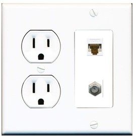 15 Amp Round Power Outlet 1 Port Cat6 Ethernet 1 Coax Cable-TV F-Type Wall Plate White