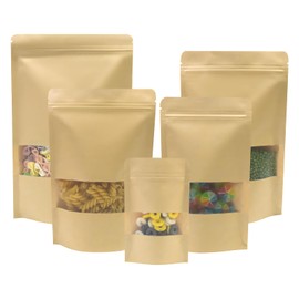 SumDirect Kraft Stand Up Pouches - 100Pcs Resealable Kraft Paper Stand Up Bags with Window, Self-Sealing Zipper Disposable Food Storage Bags for Home or Business (100, 5.5x7.8inch)