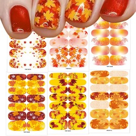 6 Sheets Fall Gel Nail Stickers Self-Adhesive Fall Gel Nail 3D Maple Leaf Fall Nail Wraps Stickers Strips Thanksgiving Maple Leaves Nail Polish Stickers for Women Autumn Nail Design DIY Kit