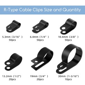 RGBZONE 200pcs 5.3mm-30mm Multi-Size R-Type Cable Clips Wire Clips - Nylon Wire Clamp Set with 200pcs Stainless Steel Screws for Professional Cable Management (Black)
