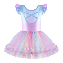 Zaclotre Tutu Dance Dresses for Girls Ruffle Sleeve Criss-Cross Back Ballet Leotards Toddler Ballerina Costume Rainbow
