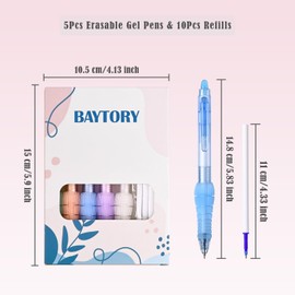 BAYTORY 5 Pcs Erasable Gel Pens, Fine Point 0.5mm Black Ink Erasable Pen with 10 Refills, Comfort Grip Writing Pens with Erasers, for Office School & Home Supplies (Blue Ink)