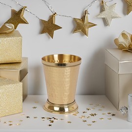 HANDTECHINDIA Brass Cocktail DRINKWARE Mint Julep Cups 12-Ounce Gold Finish Cocktail Tumbler for Moscow Mule OR Kentucky Derby (Hammered, 1)