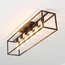 umeiluce 6 Lights Black Farmhouse Flush Mount Ceiling Light 38" Vintage Rectangle Close to Ceiling Light for Living Room Kitchen Island