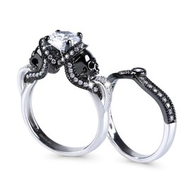Jeulia 3.68 Carat Twist Skull Rings for Women Sterling Silver Two Tone Twist Band Rings White Diamond Bridal Ring Set Black Plated Engagement Promise Rings with Jewelry Gift Box