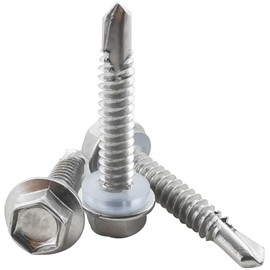 Fajoeda 5.5 x 32 mm Hexagonal Self-Drilling Screws, 40 Pieces 410 Stainless Steel Self-Tapping Screws with Plastic Washers High-Strength Fast Sheet Metal Screws (16 mm to 38 mm Available)