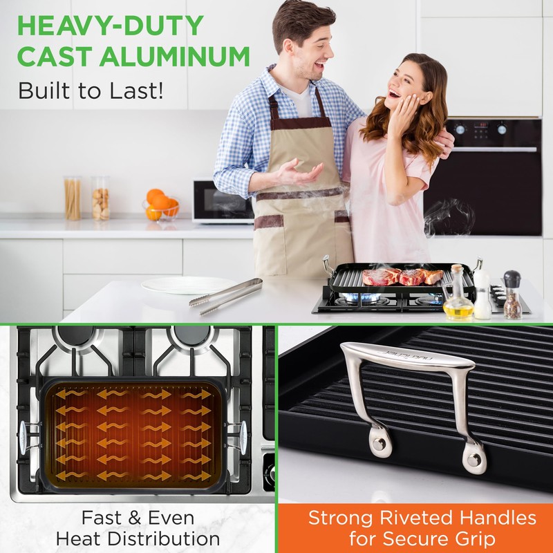 NutriChef 20"x13" Stove Top Grill Pan - Double Burner, Hard-Anodized