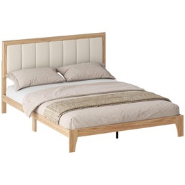 HOMCOM Queen Size Bed Frame with Upholstered Headboard, Platform Bed Frame with Wooden Slats, No Box Spring Needed, Easy Assembly, Oak