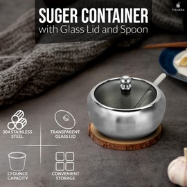 Sugar Bowl with Lid and Spoon | 12oz Sugar Container for Coffee Bar | Stainless Steel Holder Jar for Salt, Tea, Candy, Sugar Cube, Brown Sugar, Ghee | Kitchen Countertop Storage Accessories | 350ml
