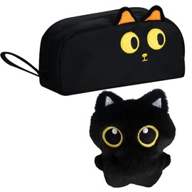 Moerstar Large Capacity Cat Pencil Case, Black Pencil Case with Cute Cat Pendant for Boys Girls, Pencil Pouch for School Office Students Women Men