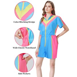 Ezuwail 80s Color Block One Piece Windbreaker Outfits for Women Neon Short Sleeve Zip Front Elastic Waist Jumpsuit