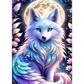 GDYEEH DIY 5D Cute Fox Diamond Art Kits, Moon Round Full Drill Sparkling Diamond Painting Picture, Fantasy Fox Diamond Painting Art Kits Craft for Adults Beginners, Home Wall Decor 12x16 inch