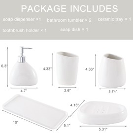 BLBYHO Ceramic Bathroom Accessory Set with Ceramic Tray, 6 Pieces Bathroom Countertop Accessory Set, Include Soap Dispenser, Toothbrush Holder, 2 Tumbler, Soap Dish, Vanity Tray,White…