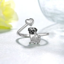 Pug Ring 925 Sterling Silver Dog Ring for Women Pug Gifts for Pug Lovers Dog Jewelry for Women, Sterling Silver, No Gemstone