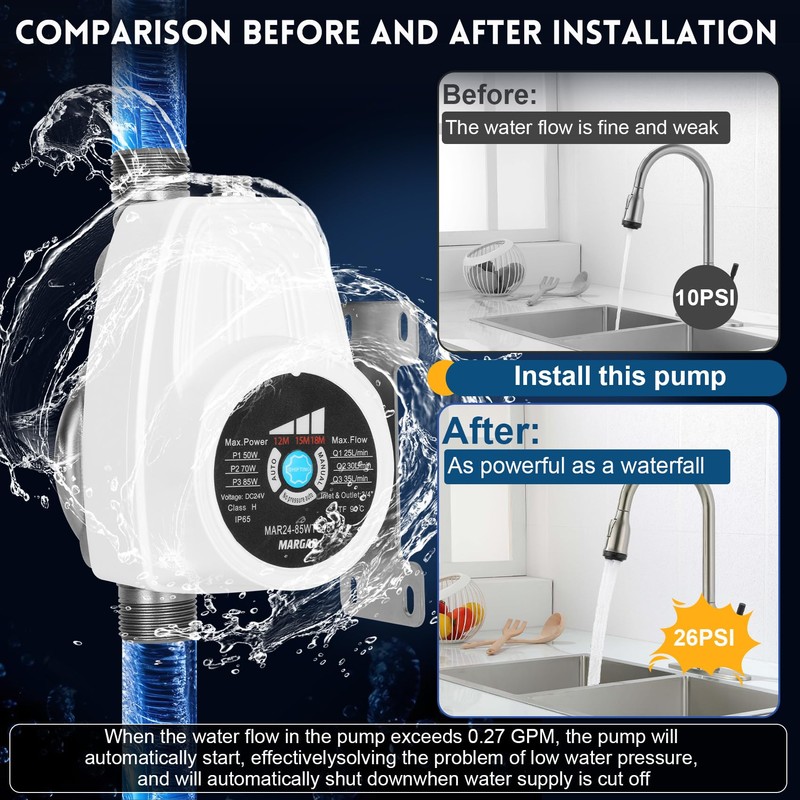 Smart Shower Water Pressure Booster Pump, 9.2GPM, 26.1 PSI, 85W