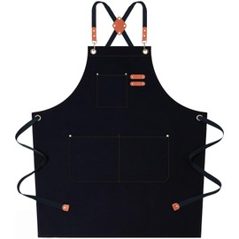 AFUN Chef Aprons for Women Men with Large Pockets, Cotton Canvas Cross Back Water Repellent Work Apron, Size M to XXL (Black)