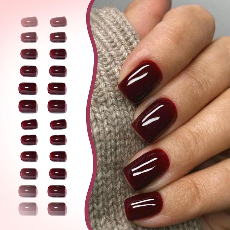 LunarCharm 24 Pieces Dark Red Press-on Nails Medium Square Shape