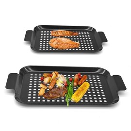Grill Topper Non-Stick Stainless Steel BBQ Tray with Holes Outdoor Grilling Pans for Meat Vegetables Set of 2 (16.5" x10" and 13"x7.4") (Black)