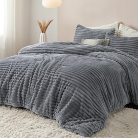 Bedsure Fluffy Comforter Set King - Super Soft Faux Fur Comforter King Size Grey, Winter Warm Fleece Bedding Set, Plush Fuzzy Bed Set, 3 Pieces, 1 Shaggy Comforter with 2 Pillowcases