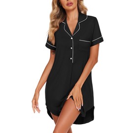 Ekouaer Women's Nightgown Button Down Nightshirt V Neck Sleepshirt Short Sleeve Sleepwear Soft Pajama Dress Black