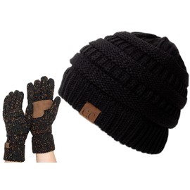 C.C Unisex Chunky Soft Stretch Cable Knit Warm Fuzzy Lined Skully Beanie Black with G33 Black