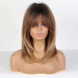 Haircube US Women Long Straight SYNTHETIC WIGS with Bangs Ombre Brown Layered Wigs - 1#