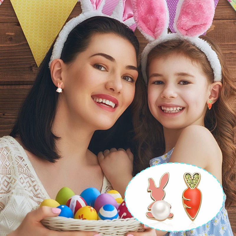 MUYAN Cute Small Easter Bunny Stud Earrings Pink Rabbit Orange