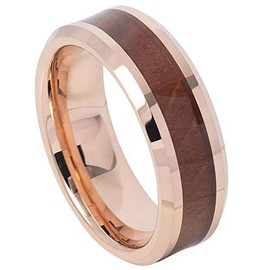 TosowebOnline Men's 8mm Beveled Edge High Polished Rose Gold Ion Plated Wedding Band with Hawaiian Koa Wood Inlay Center Finish Comfort Fit Tungsten Carbide Anniversary Ring -s9.5