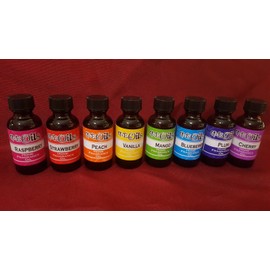 A&E Oils 8 Assorted Home Fruit Scented Fragrance Therapeutic Oils in glass bottles.