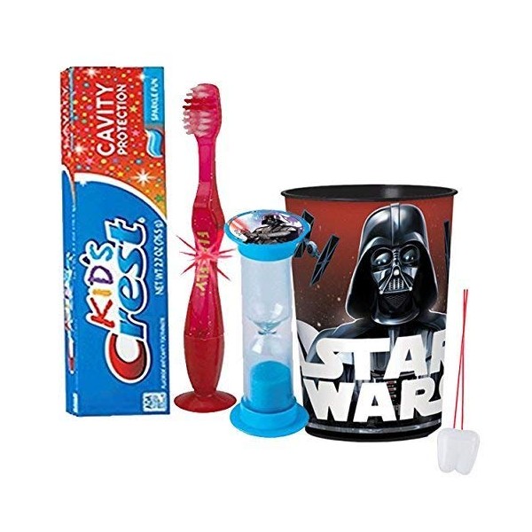 Star Wars Darth Vader Inspired Boys 4pc Bright Smile Oral Hygiene Set! Flashing Lights Toothbrush, Toothpaste, Brushing Timer & Mouthwash Rise Cup! Plus Bonus "Remember to Brush" Visual Aid!