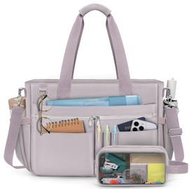 RAINSMORE Tote Bags for Women Nylon 15.6 Inch Laptop Bags Large Water Resistant Handbags Teacher Bag for Work Travel College Daily Use Grey Pink