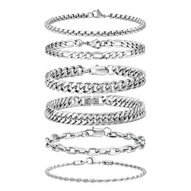 6Pcs Stainless Steel Bracelets for Women Silver Chain Bracelet Set