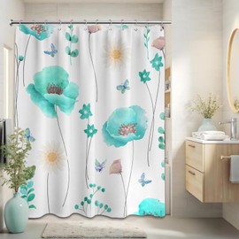 soeeao Teal Watercolor Floral Shower Curtain Turquoise and Aqua Spring Summer Modern Minimalist Flower Shower Curtains for Bathroom Decor, Waterproof Cloth Fabric with Hooks, 70x72 in