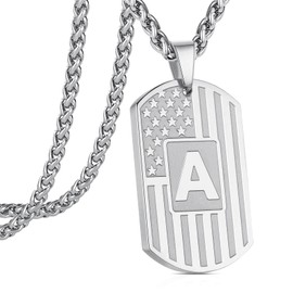 Kalanophel A Initial Letter Necklace for Men, American Flag Dog Tag Military Pendant Chain Husband Boyfriend Him Valentine's Day Birthday Anniversary Jewelry Gift Silver