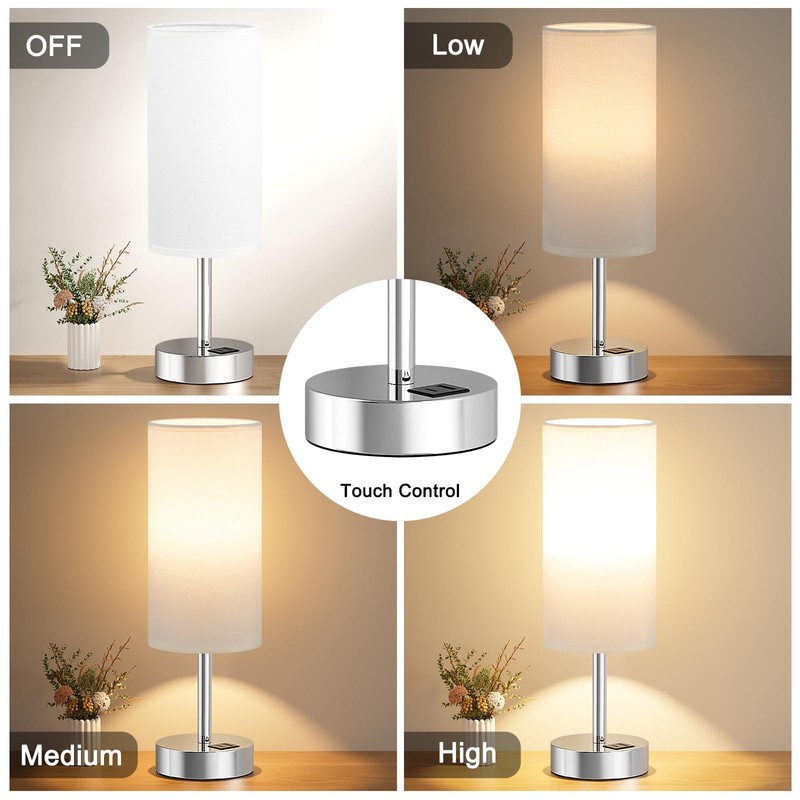 Aooshine Bedside Lamps, Dimmable Table Lamps with White Fabric Shade,