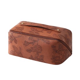 Travel Makeup Bags Cosmetic Organizer Bag,Large Capacity PU Leather Toiletry Bag for Women - Wide Open Portable Pouch with Divider & Handle (Khaki)