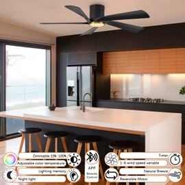 Ceiling Fan with Light and Remote/APP, 52” Flush Mount Ceiling Fans, 6 Speeds Mute Reversible Motor, 3CCT, Dimmable,Black Low Profile Modern Ceiling Fans for Indoor and Outdoor, Bedroom, Patios