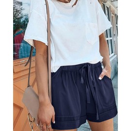 BTFBM - Pantalones cortos casuales para mujer, color sólido, cintura elástica, bolsillos con cordón, ligeros, para verano, playa, para descansar, para mujer, Azul oscuro, X-Large