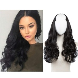 SARLA Black Clip in Hair Extensions U Part Synthetic Long Wavy Curly Full Head Hair Wigs 24 Inch for Black Women Girls