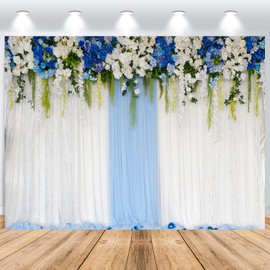 ASDCXZ Flower Wall Background 2.5 x 1.8 m, Blue White Flower Wall Gauze Curtain Photo Wall Background, Vinyl Photo Box Background for Wedding, Birthday, Bridal Shower Party, Portrait Photo Studios