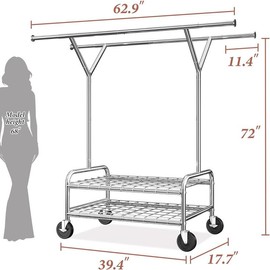 Raybee Clothes Rack, Heavy Duty Clothing Rack Holds 630 LBS with Wheels & Shelf, Extendable, Adjustable, Commercial Garment Rack 22" D x 75" W x 68" H - Model: 62.9" W x 17.7" D x 72" H