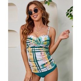 Shuangyu Women's Twist Front Bandeau Tankini Set Two Pieces Ruched Tummy Control Suimsuit with Mid Waist Briefs White-Background Geometry M