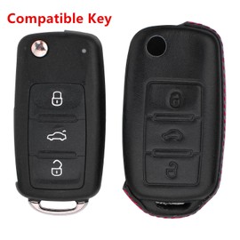 M.JVisun Men Women Genuine Leather Key Fob Cover for Volkswagen / for Skoda Flip Folding Car Remote Key Case with Keychain - 3 Buttons - Black