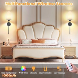 Battery Operated Wall Sconces Set of Two, Wireless Wall Sconce with 10000mAh Rechargeable Bulbs and Remote, 15 Colors & Dimmable, Black Battery Powered Wall Lamp for Bedroom Living Room Hallway