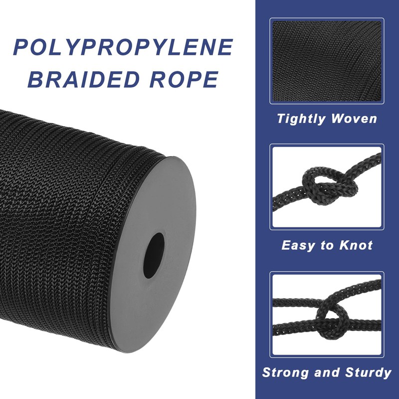 MECCANIXITY 3/16" Polypropylene Braided Rope, 328ft Black Nylon Rope for