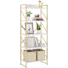 Bookshelf, 5 Tier Bookshelves, Home Office Bookcase Shelf Storage Organizer, Free Standing Storage Shelving Unit for Bedroom, Living Room and Home Office,Gold