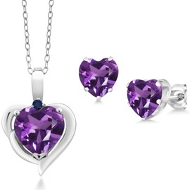 Gem Stone King 925 Sterling Silver Purple Amethyst and Blue Sapphire Pendant Necklace Earrings Set For Women (3.21 Cttw, Heart Shape 8MM and 6MM, with 18 Inch Chain)